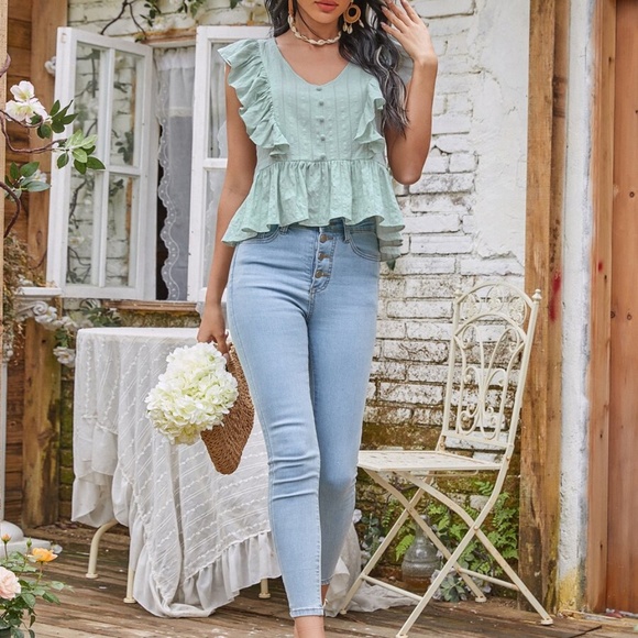 Boho v neck button ruffle babydoll mint green top - Picture 2 of 6